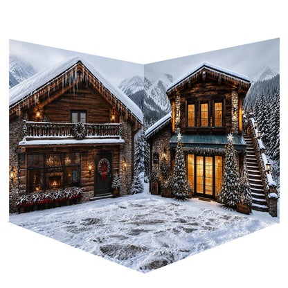 Avezano Snow Mountain Wooden Cabin Christmas Photography Backdrop Scene Room Set