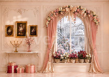 Avezano Christmas Pink Floral Arch Window Photography Backdrop
