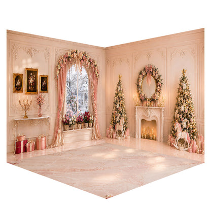 Avezano Pink Vintage Christmas Castle Room Photography Backdrop Scene Room Set