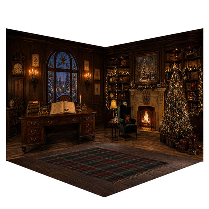 Avezano Dark Vintage Library Christmas Photography Backdrop Scene Room Set