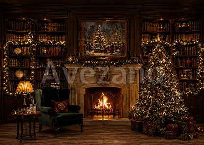 Avezano Classic Christmas Library Fireplace Photography Backdrop