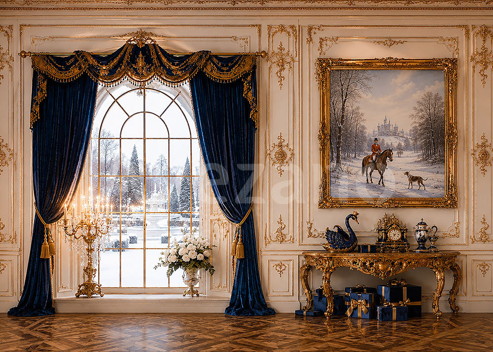Avezano Luxury Blue Gold Winter Castle Room Photography Backdrop