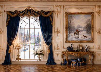 Avezano Luxury Blue Gold Winter Castle Room Photography Backdrop