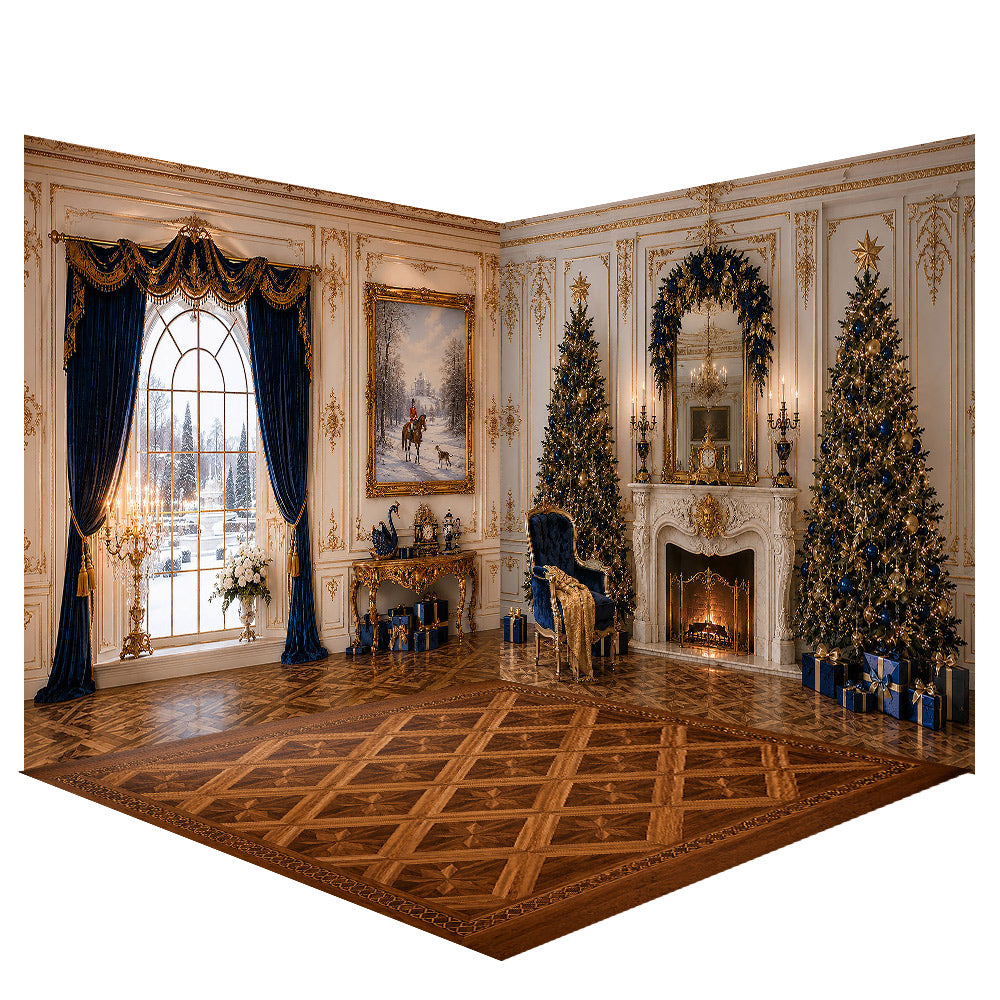 Avezano Luxury Blue Gold Palace Christmas Photography Backdrop Scene Room Set