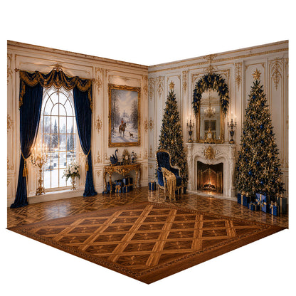 Avezano Luxury Blue Gold Palace Christmas Photography Backdrop Scene Room Set