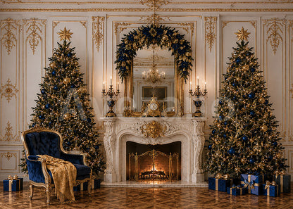 Avezano Elegant Blue Gold Christmas Mansion Photography Backdrop