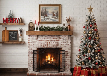 Avezano White Brick Christmas Fireplace Photography Backdrop Scene Room Set