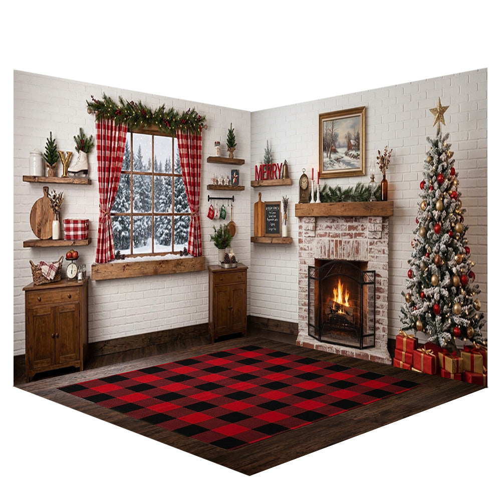 Avezano White Brick Christmas Fireplace Photography Backdrop Scene Room Set
