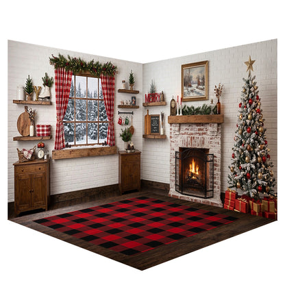 Avezano White Brick Christmas Fireplace Photography Backdrop Scene Room Set