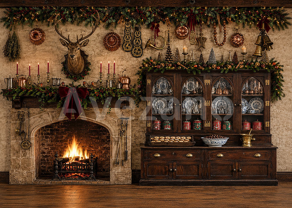 Avezano Vintage Dark Wood Christmas Kitchen Photography Backdrop Scene Room Set