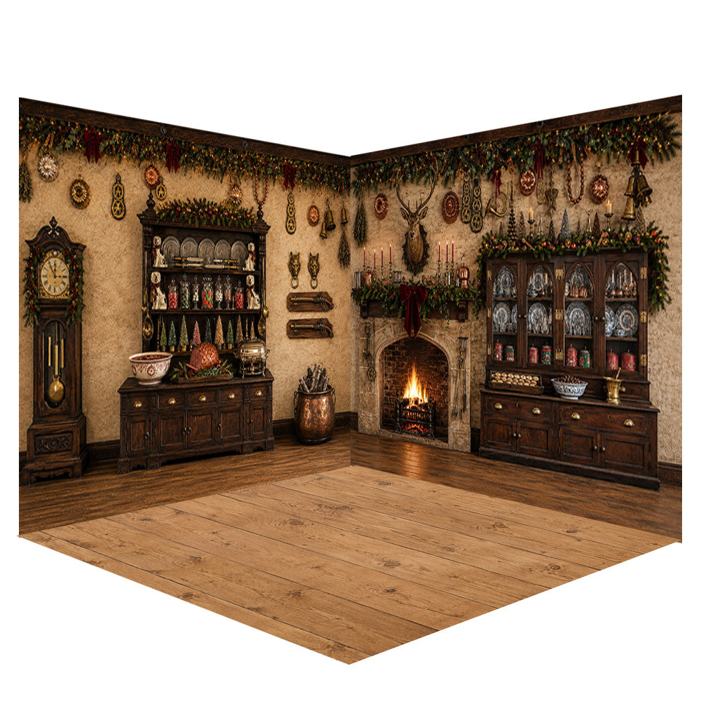 Avezano Vintage Dark Wood Christmas Kitchen Photography Backdrop Scene Room Set
