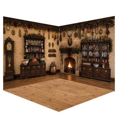 Avezano Vintage Dark Wood Christmas Kitchen Photography Backdrop Scene Room Set