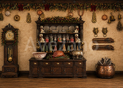Avezano Vintage Dark Wood Christmas Kitchen Photography Backdrop Scene Room Set