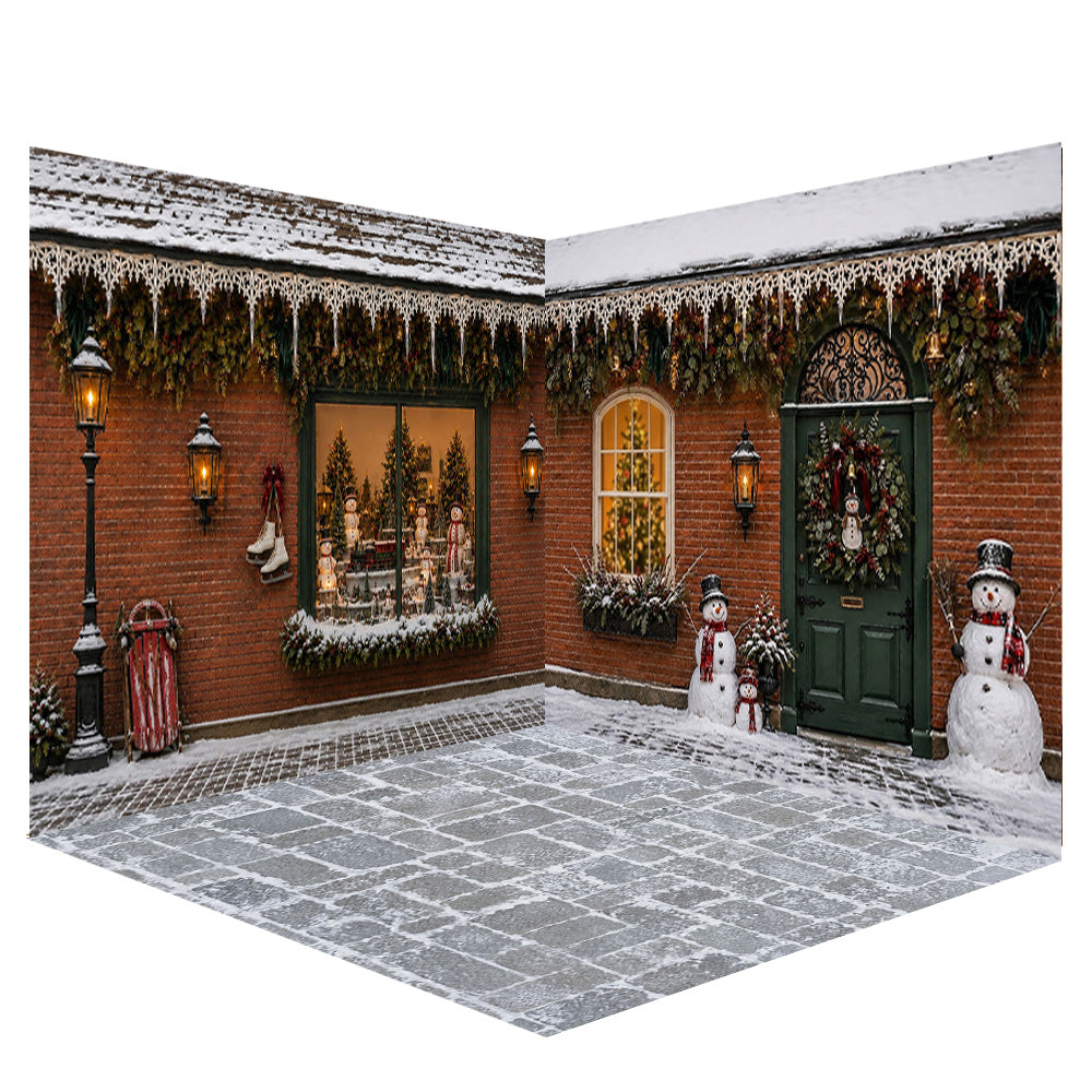 Avezano Snowy Brick Christmas Street Photography Backdrop Scene Room Set