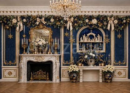 Avezano Luxury Blue Royal Christmas Room Photography Backdrop Scene Room Set