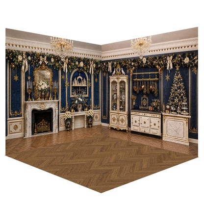 Avezano Luxury Blue Royal Christmas Room Photography Backdrop Scene Room Set