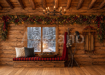 Avezano Rustic Log Cabin Christmas Interior Photography Backdrop Scene Room Set