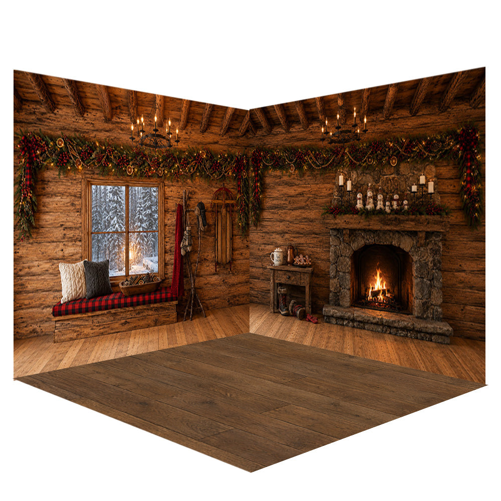 Avezano Rustic Log Cabin Christmas Interior Photography Backdrop Scene Room Set