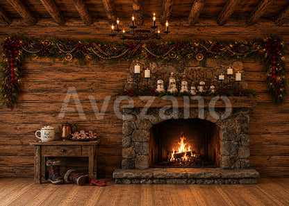 Avezano Rustic Log Cabin Christmas Interior Photography Backdrop Scene Room Set