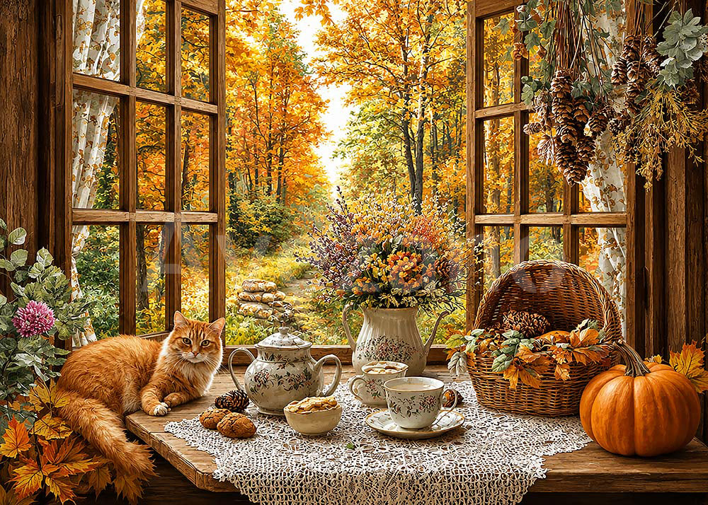 Avezano Cozy Cottage Autumn Window Cat Photography Backdrop
