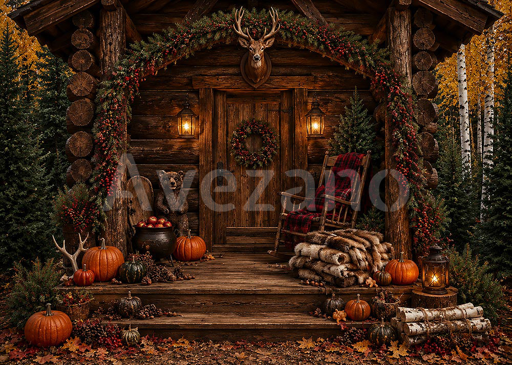 Avezano Rustic Log Cabin Fall Porch Photography Backdrop