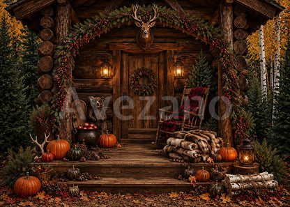 Avezano Rustic Log Cabin Fall Porch Photography Backdrop