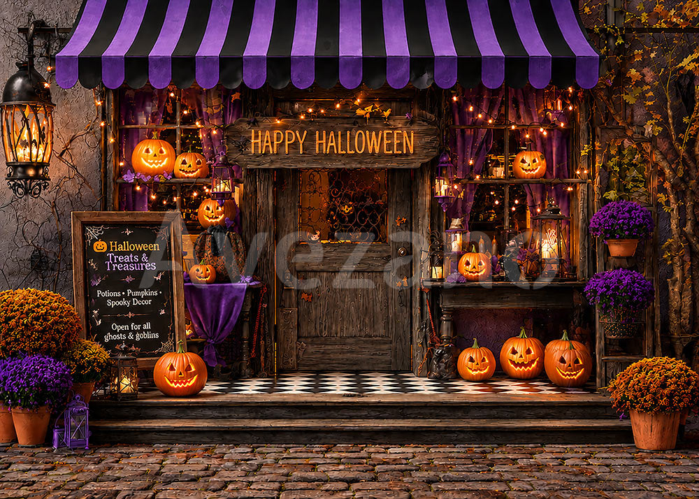 Avezano Purple Awning Halloween Storefront Photography Backdrop