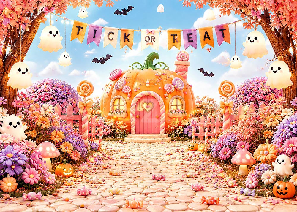 Avezano Cute Pastel Pumpkin House Halloween Photography Backdrop
