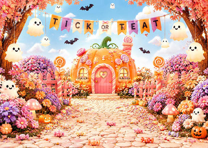 Avezano Cute Pastel Pumpkin House Halloween Photography Backdrop