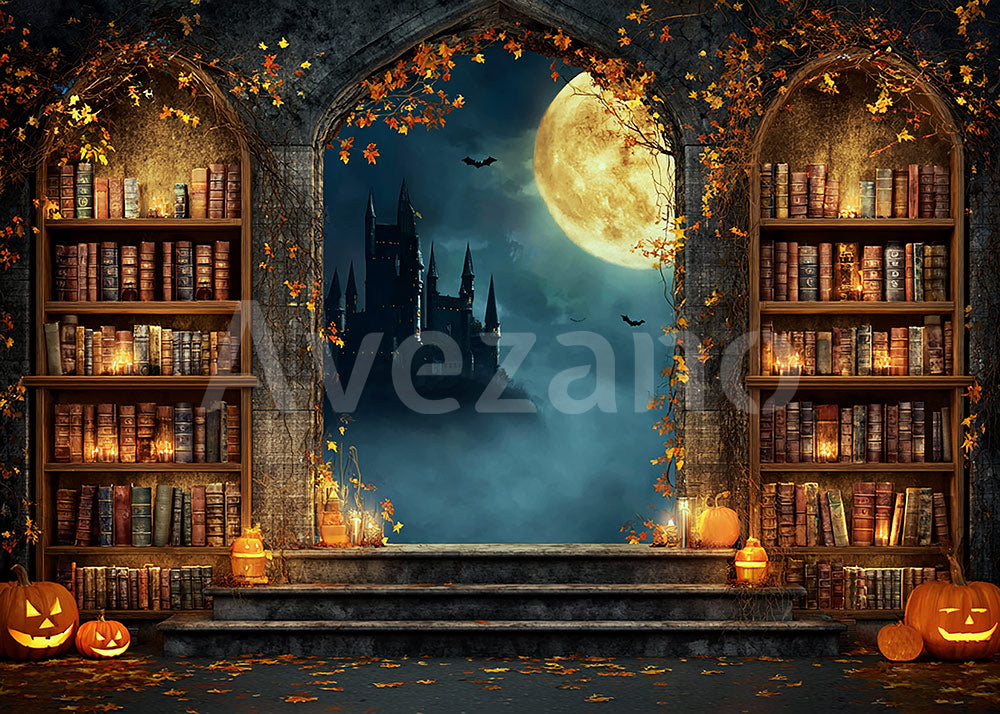 Avezano Vintage Library Castle Halloween Moon Photography Backdrop