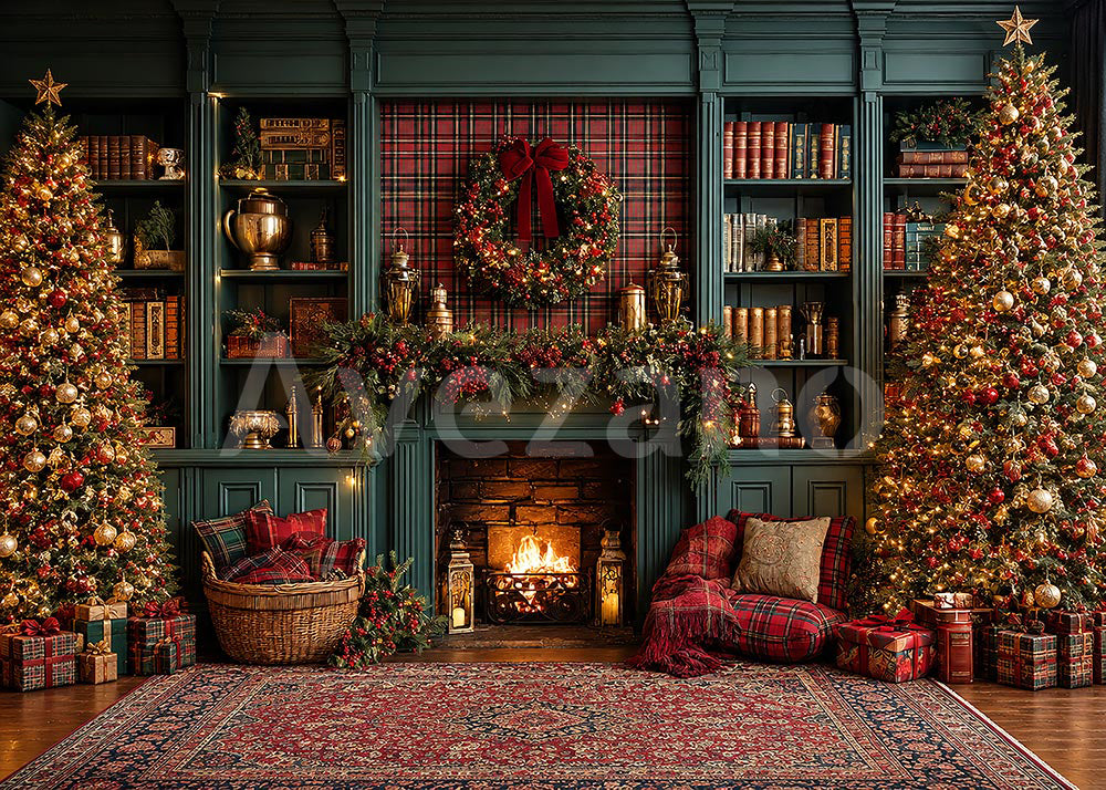 Avezano Green Plaid Library Christmas Fireplace Photography Backdrop