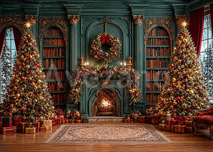 Avezano Vintage Green Library Christmas Fireplace Photography Backdrop
