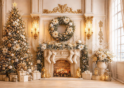 Avezano Cream Gold Christmas Fireplace Room Photography Backdrop