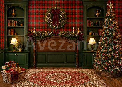 Avezano Red Tartan Christmas Bedroom Photography Backdrop
