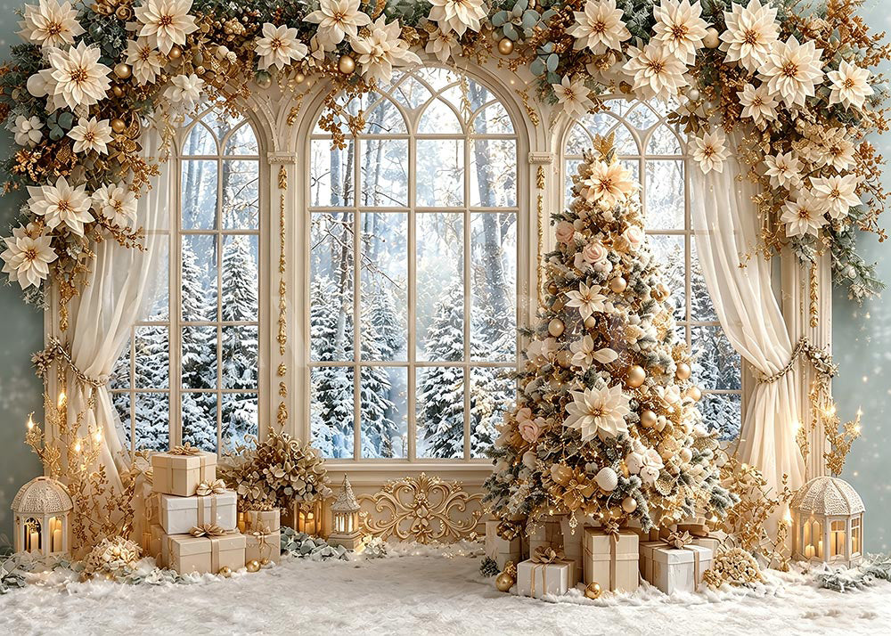 Avezano White Floral Winter Window Christmas Photography Backdrop