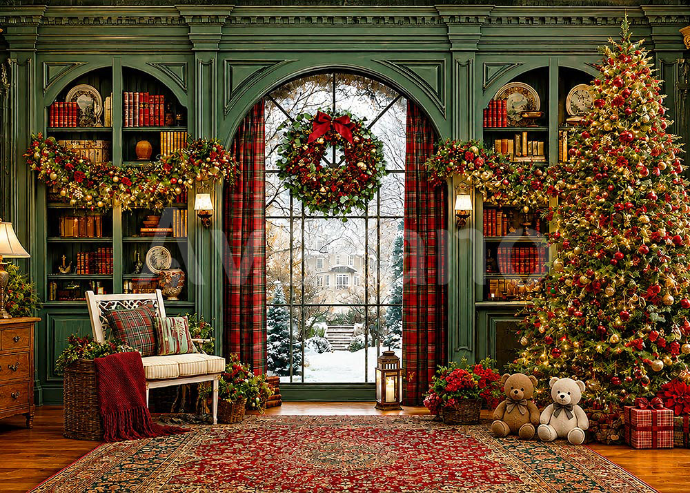 Avezano Vintage Green Library Christmas Photography Backdrop