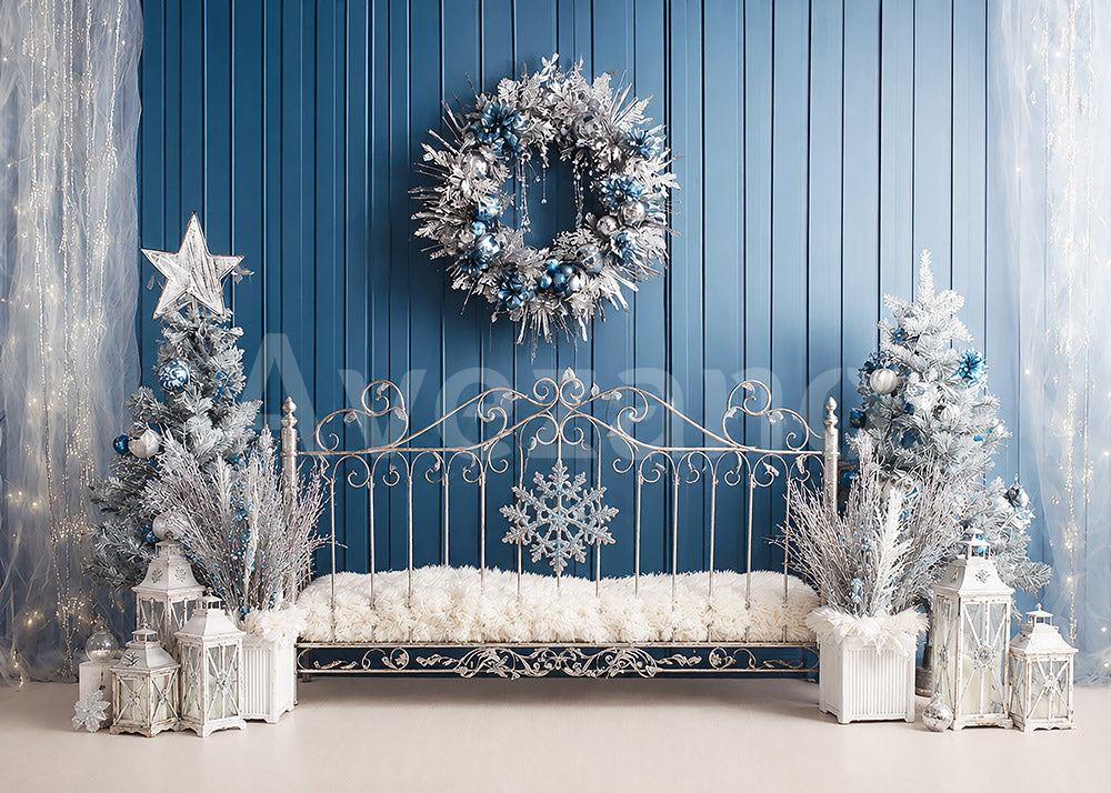Avezano Navy Blue Snowflake Christmas Bed Photography Backdrop