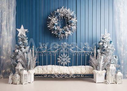 Avezano Navy Blue Snowflake Christmas Bed Photography Backdrop