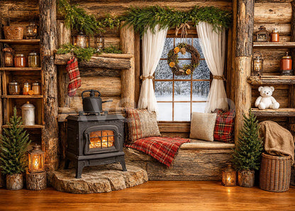 Avezano Log Cabin Fireplace Christmas Photography Backdrop