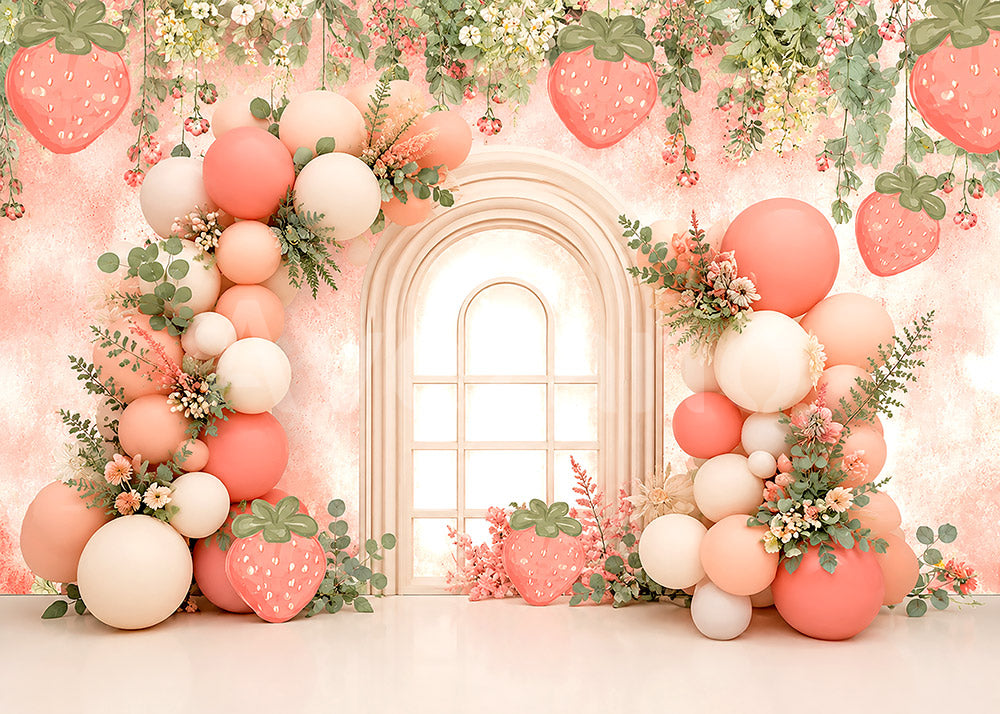Avezano Pink Strawberry Balloon Arch Window Photography Backdrop