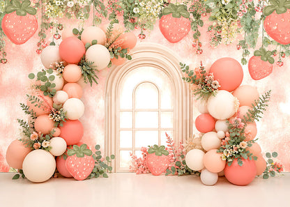 Avezano Pink Strawberry Balloon Arch Window Photography Backdrop