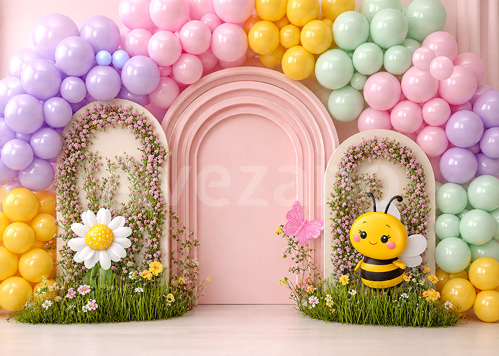 Avezano Purple Daisy Bee Floral Balloon Arch Photography Backdrop