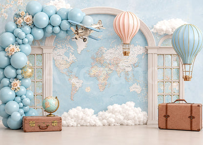 Avezano World Map Hot Air Balloon Adventure Photography Backdrop