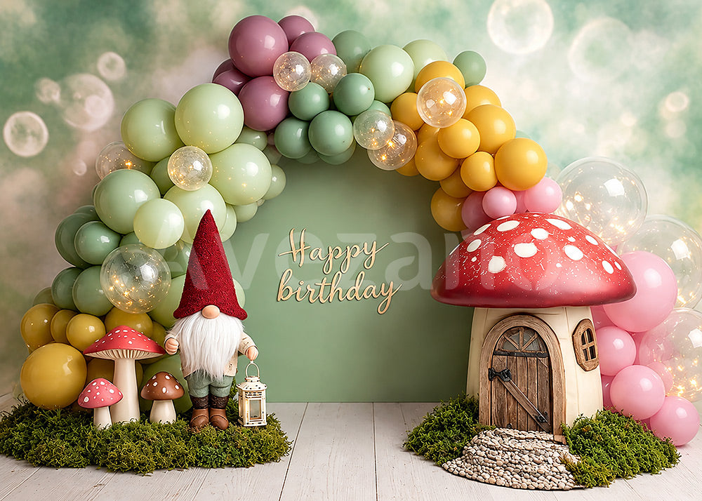 Avezano Gnome Mushroom Green Balloon Birthday Photography Backdrop
