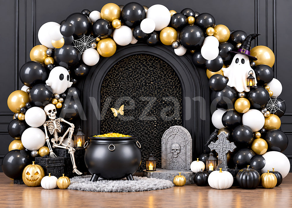 Avezano Black Gold Skeleton Halloween Scene Photography Backdrop