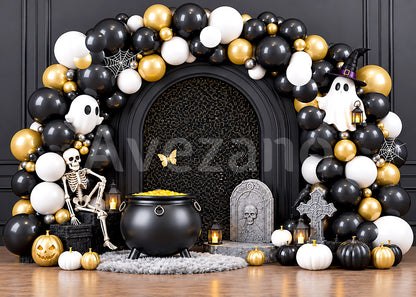 Avezano Black Gold Skeleton Halloween Scene Photography Backdrop