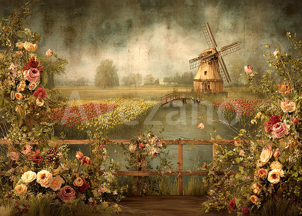 Avezano Stone Arch Sunflower Terrace Oil Painting Photography Backdrop