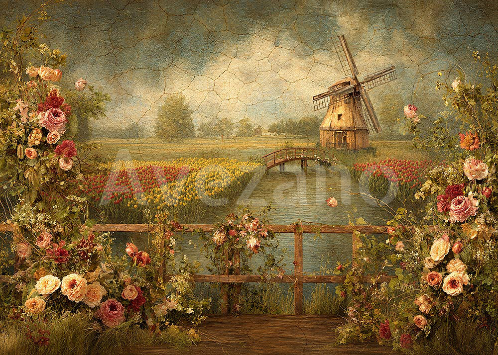 Avezano Stone Arch Sunflower Terrace Oil Painting Photography Backdrop