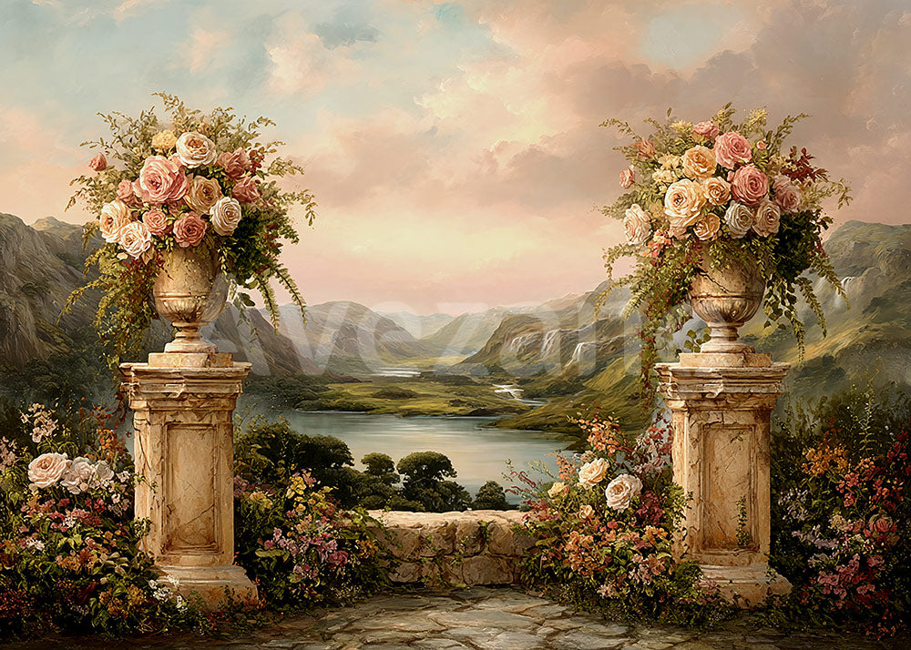 Avezano Rose Vase Mountain Lake Photography Backdrop