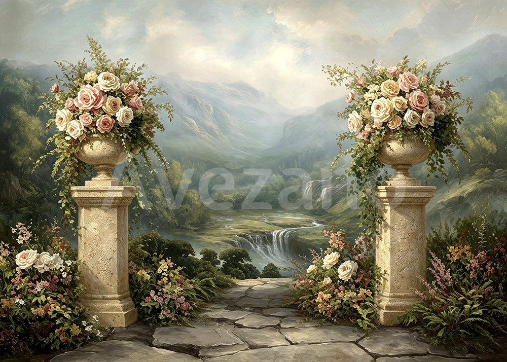 Avezano Mountain Waterfall Floral Photography Backdrop